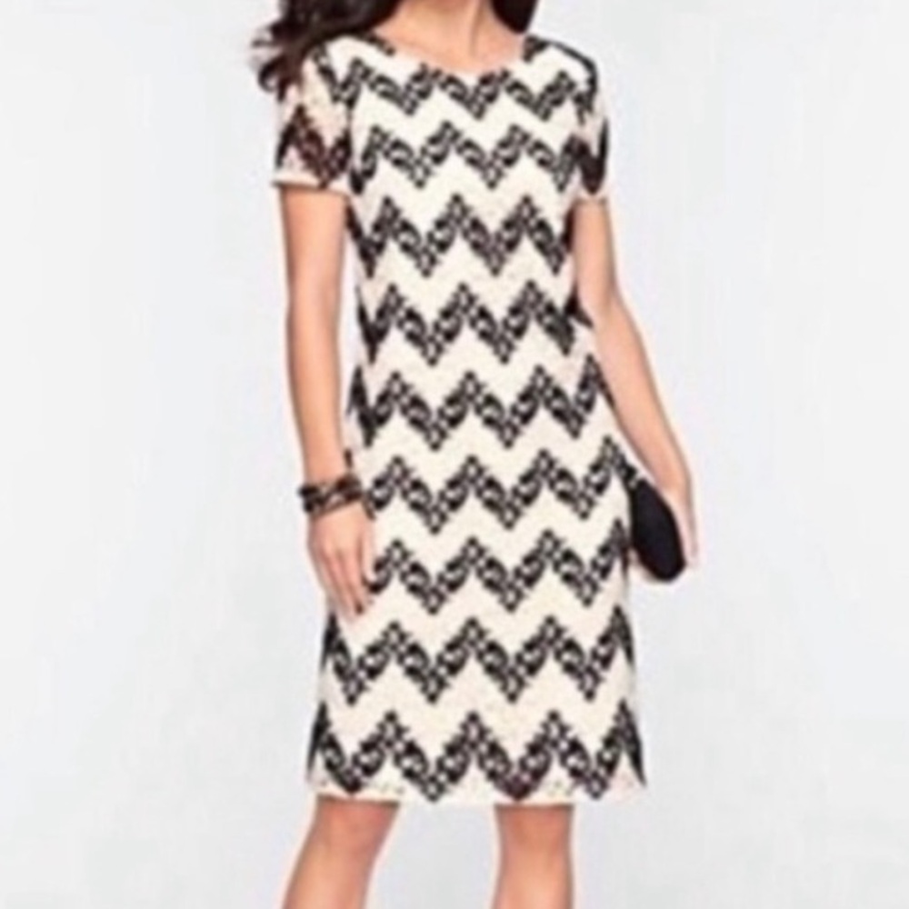 Talbots Chevron Patterned Black and Ivory Crochet Overlay Shift Dress Size 8